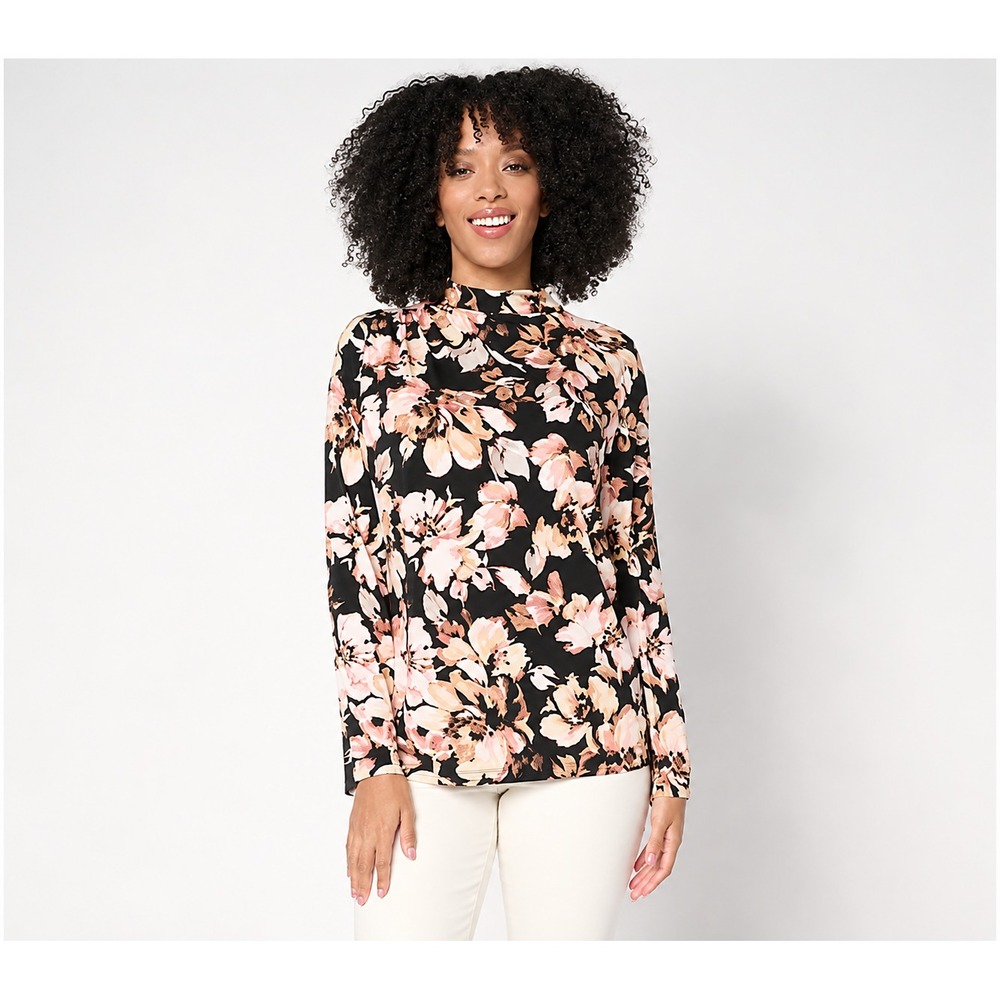 Susan Graver Printed Liquid Knit Funnel Neck Top with Ruched Detail B/Black, 3X